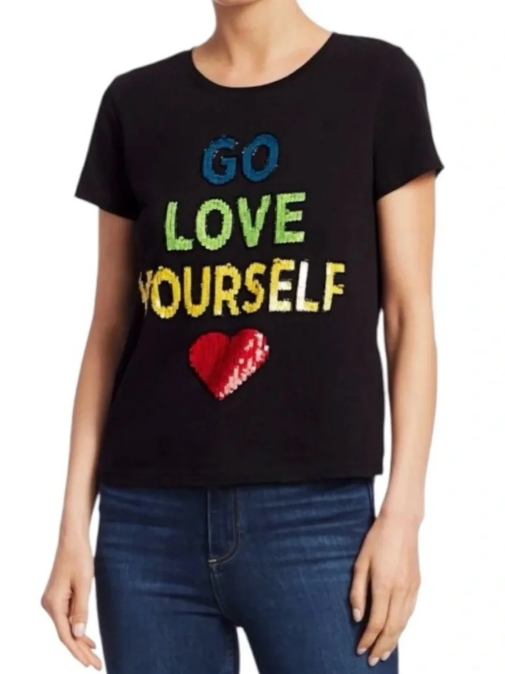 Alice + Olivia Black Short-Sleeve 'Go Love Yourself' Graphic Tee